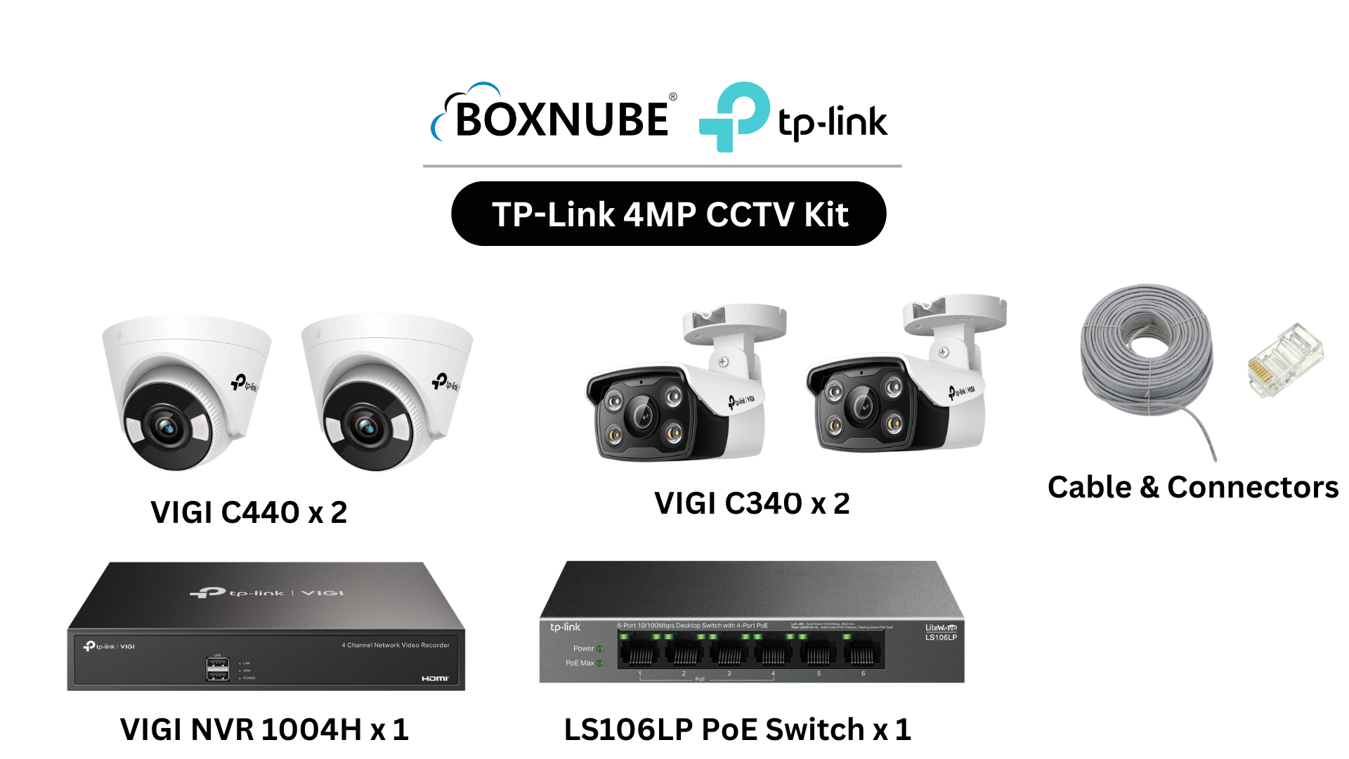 TP-Link VIGI 4MP Full HD 4 Camera Kit Bundle | 2 x VIGI C340 2 x VIGI C440 1 x 4 Channel NVR, 1 x 4 Port PoE Switch, 100M CAT6 Cable & RJ45 Connector TP-Link VIGI 4MP Full HD 4 Camera Kit Bundle | 2 x VIGI C340 2 x VIGI C440 1 x 4 Channel NVR, 1 x 4 Port PoE Switch, 100M CAT6 Cable & RJ45 Connector